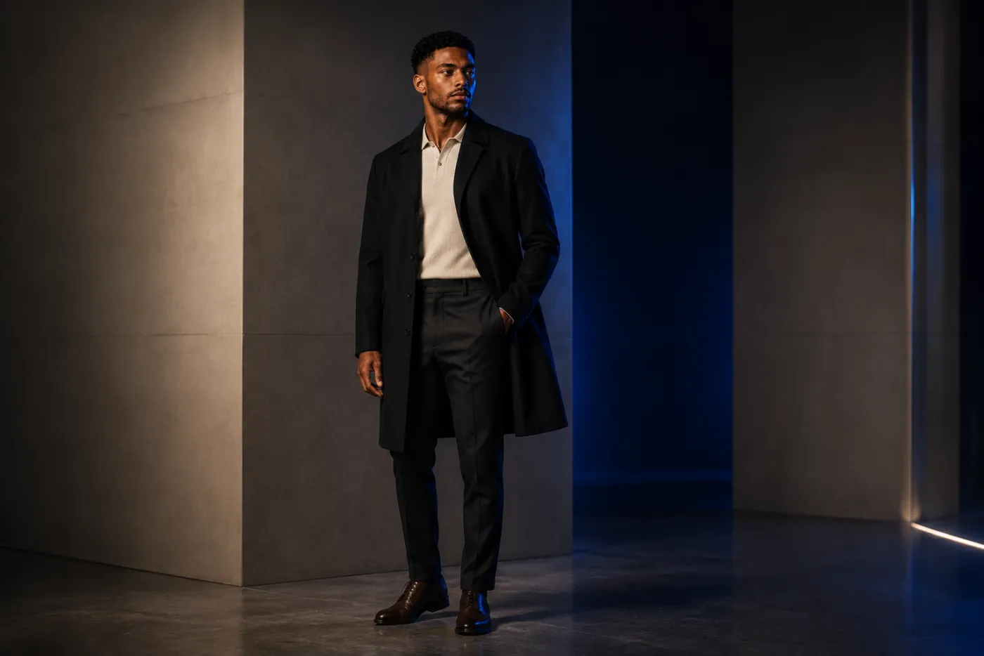 Full-length studio portrait of a man in a tailored black coat against a limestone wall with a cobalt light break.