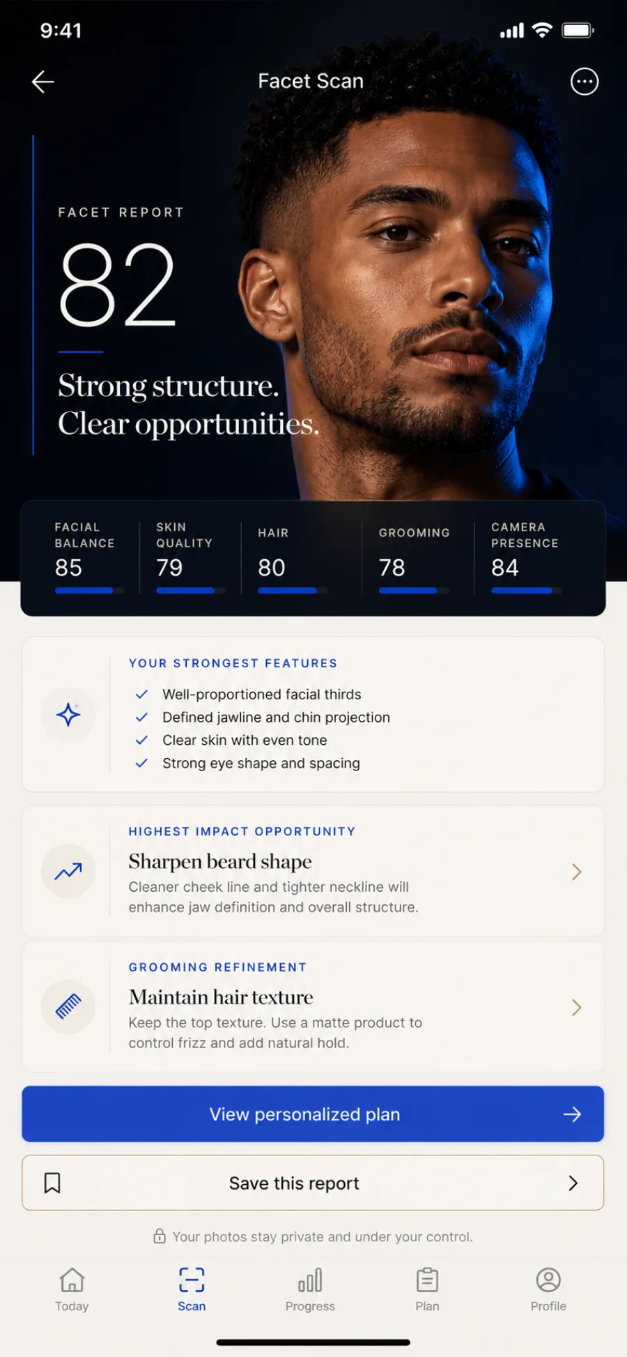 Forme Facet Scan report showing a strengths-first summary, category readouts, and a highest-impact grooming recommendation.