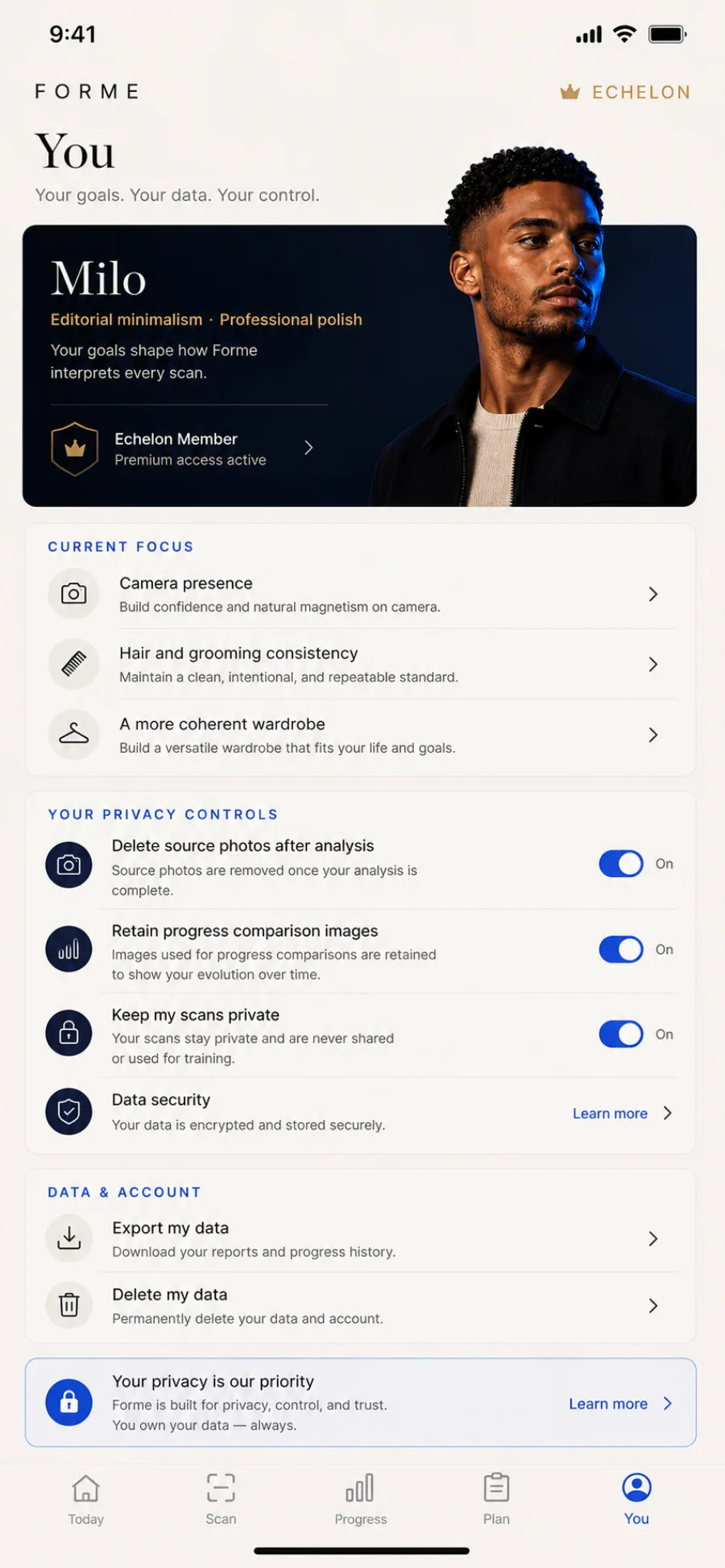 Forme privacy controls screen with toggles for deleting source photos after analysis, retaining progress images, and keeping scans private, plus export and delete data actions.