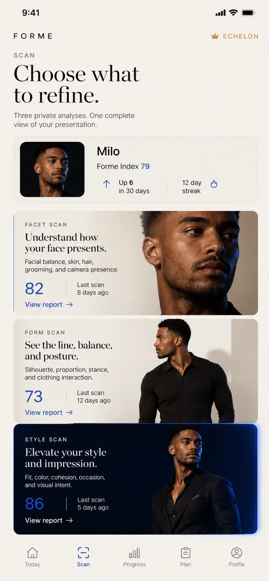 Forme app scan hub screen listing Facet, Form, and Style analyses with the Forme Index and recent scan dates.