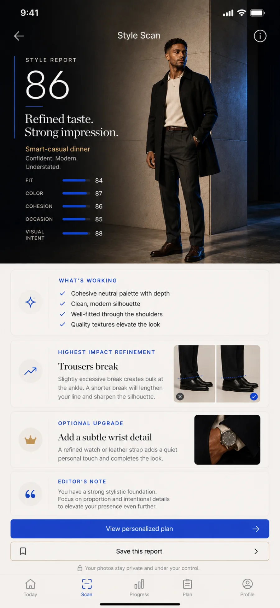 Forme Style Scan report with fit and color readouts, an occasion read, and an editor’s note on refining proportion.