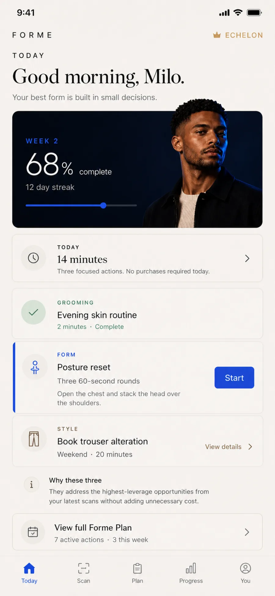Forme Today screen listing a short set of focused daily actions across grooming, form, and style with time estimates.
